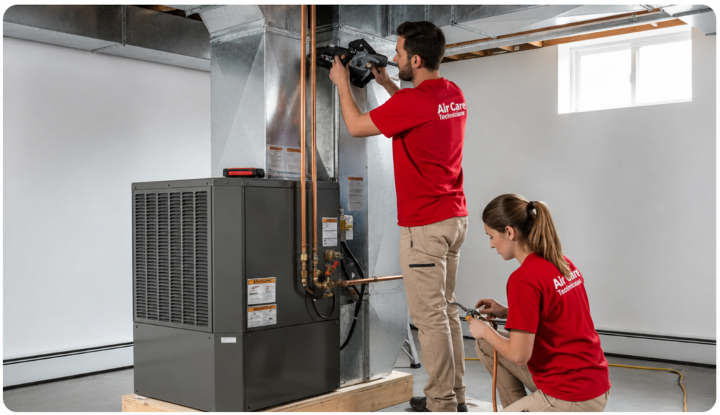 Air Care Technicians installing an HVAC system in a basement.
