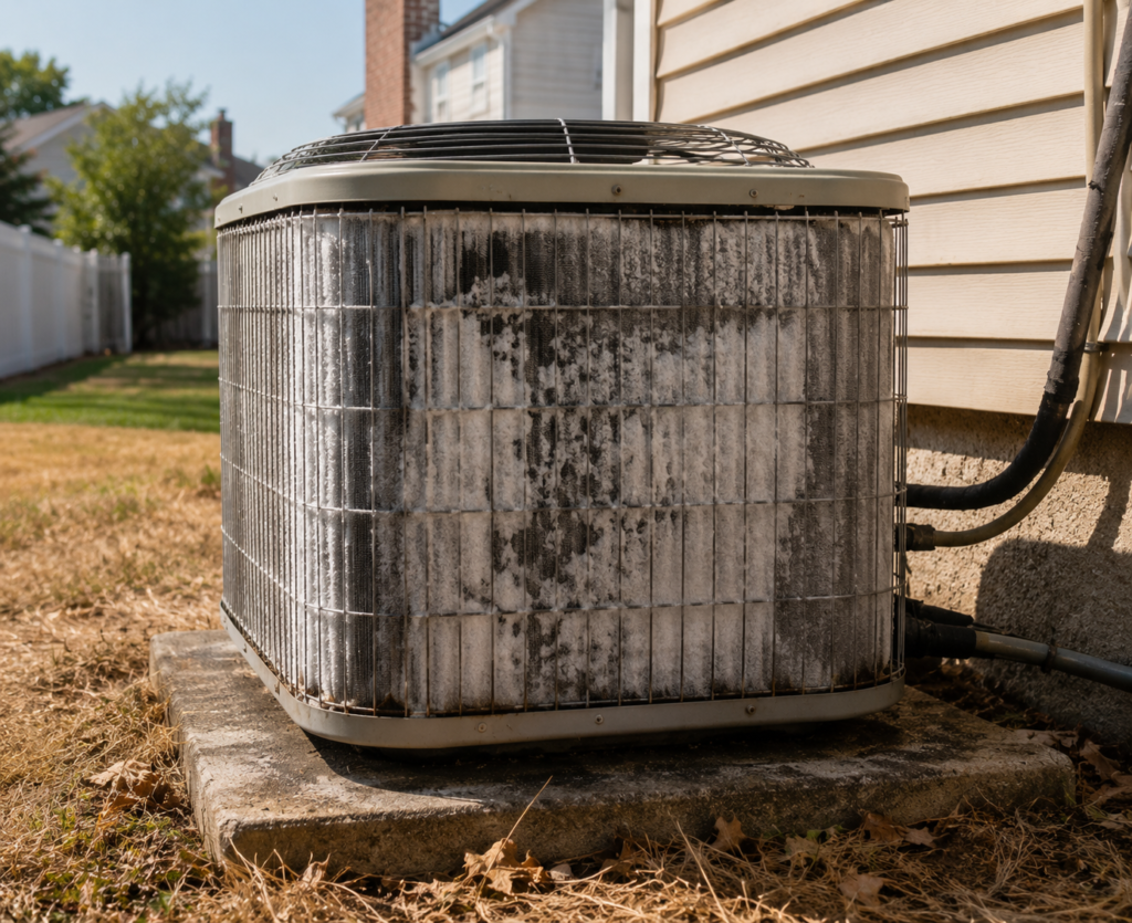 Frozen AC condenser coils at a Harrison NY home indicating refrigerant leak – call Air Care Technicians for repair