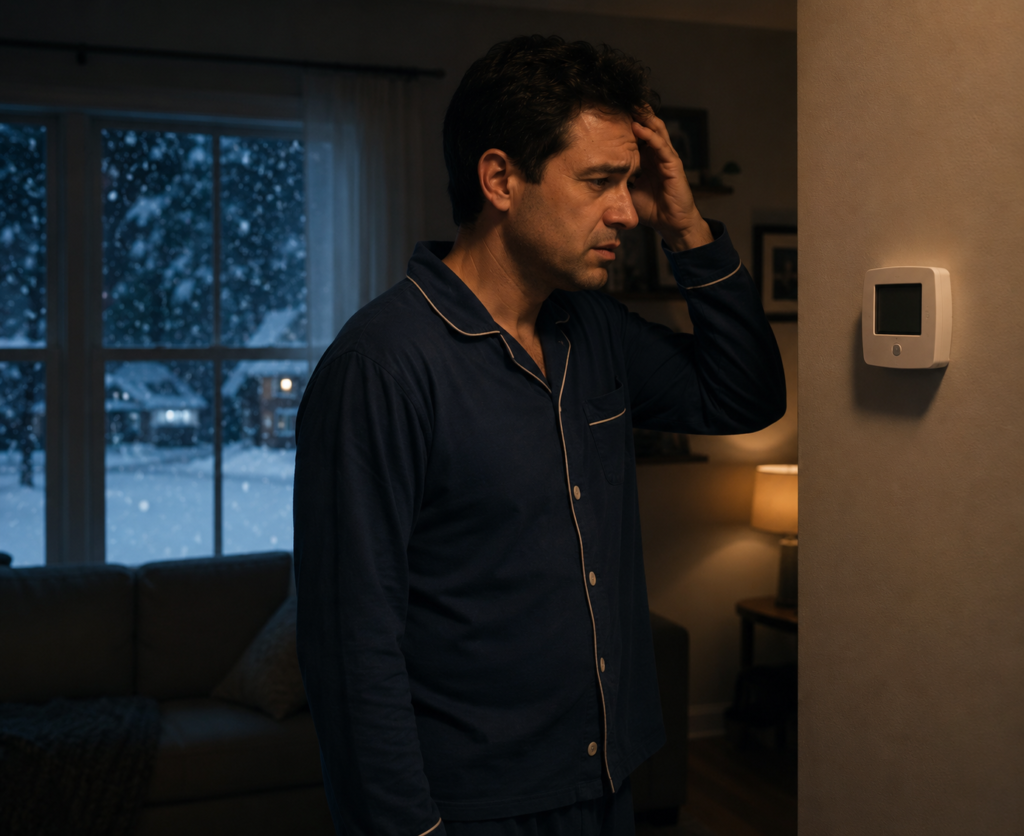 Worried Harrison NY homeowner checking broken thermostat at night during winter emergency – call Air Care Technicians