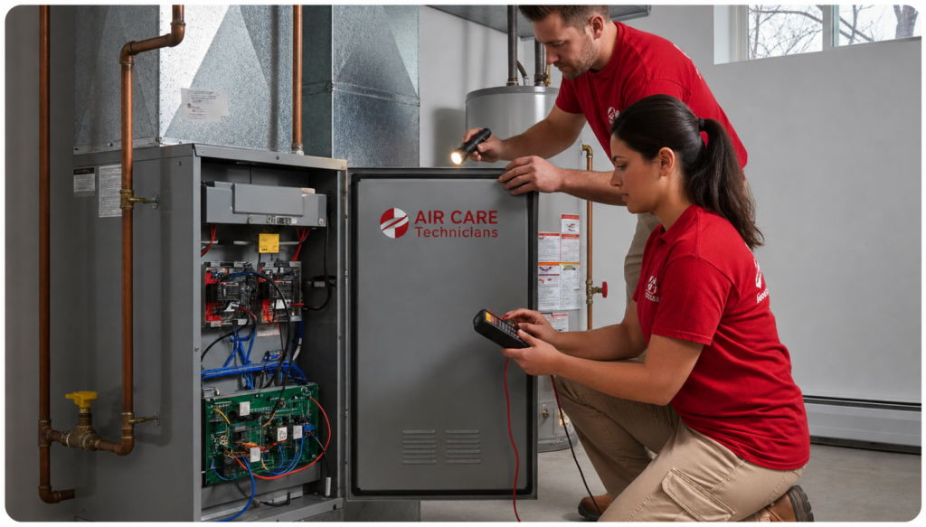 Air Care Technicians inspecting a furnace unit.