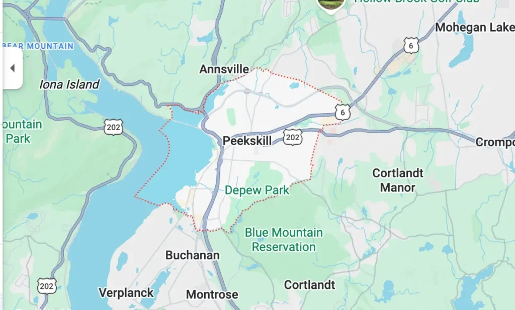 Map showing Peekskill, NY service area covered by Air Care Technicians HVAC services in Westchester County