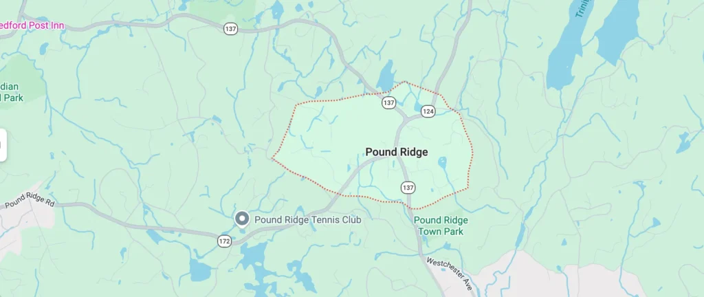 Map showing Pound Ridge, NY service area covered by Air Care Technicians HVAC services in Westchester County