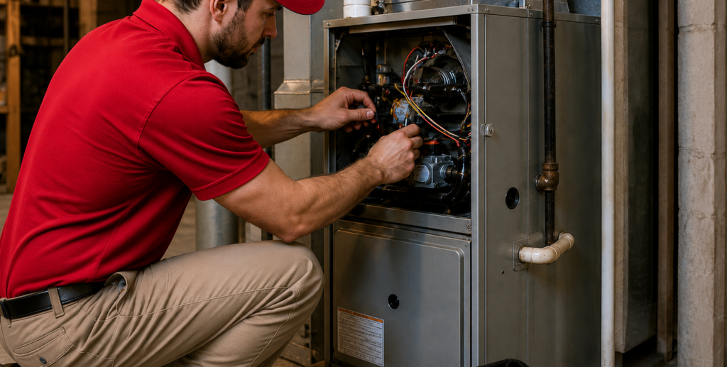 HVAC technician repairing furnace unit in basement