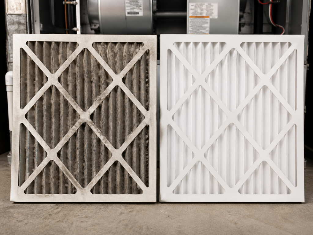 Dirty vs clean HVAC air filter – clogged filter causes AC not cooling
