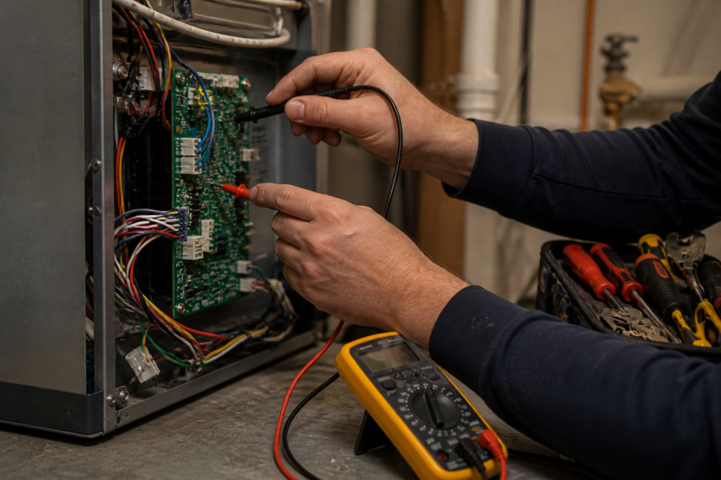 HVAC technician diagnosing a furnace control board during an emergency repair in Westchester County