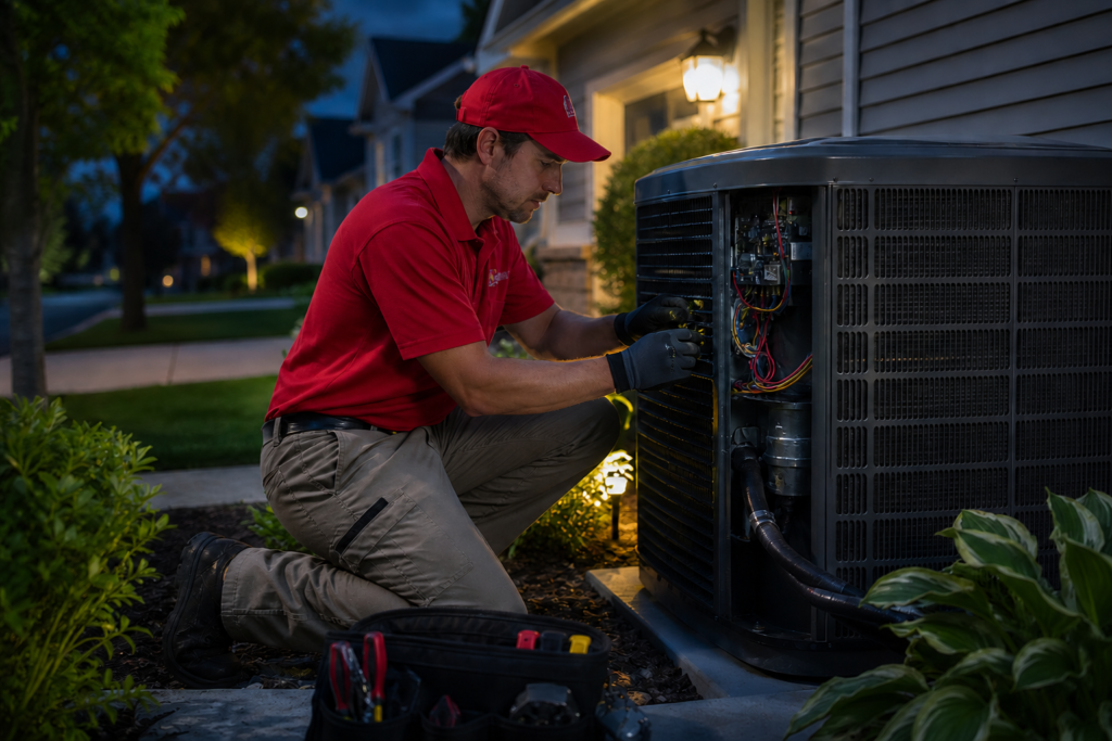 Emergency HVAC repair technician servicing a unit at a Westchester County home
