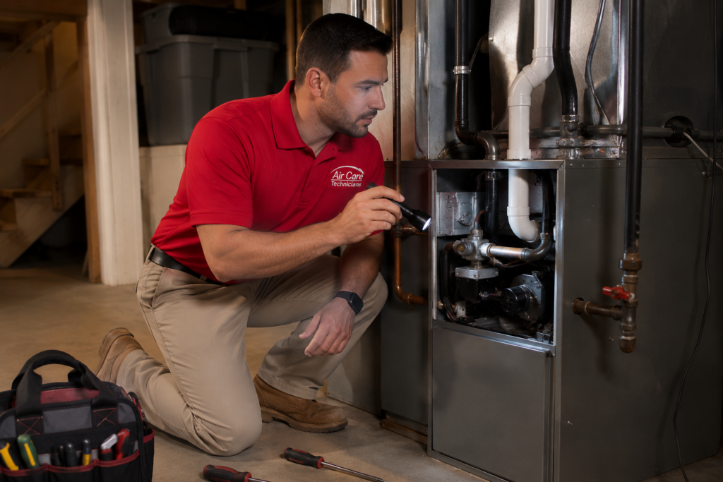 Furnace repair technician inspecting a residential furnace in Westchester County home