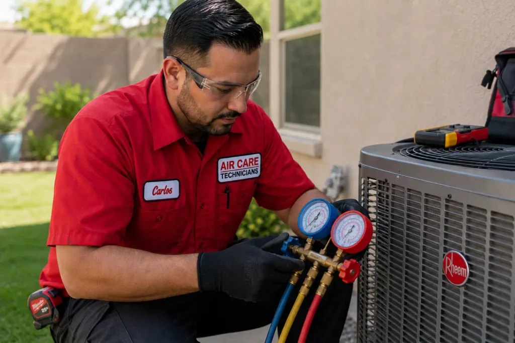 certified HVAC technician checking refrigerant levels during AC tune-up Westchester County NY