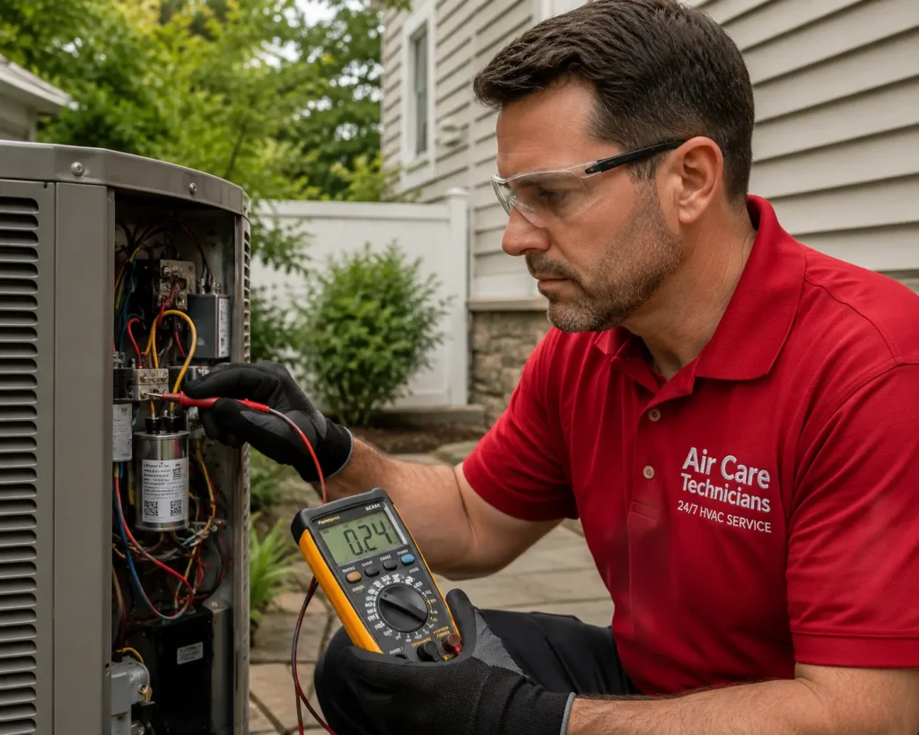 emergency AC repair Peekskill NY – technician diagnosing outdoor AC condenser unit same-day service