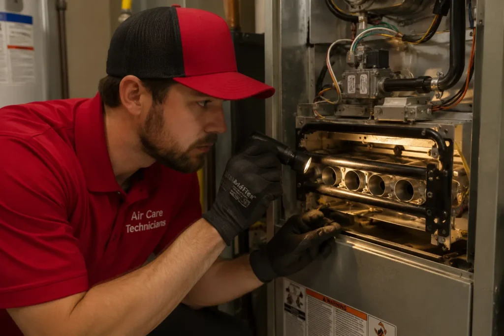 furnace tune-up near me – technician inspecting burner assembly during annual service Westchester County NY