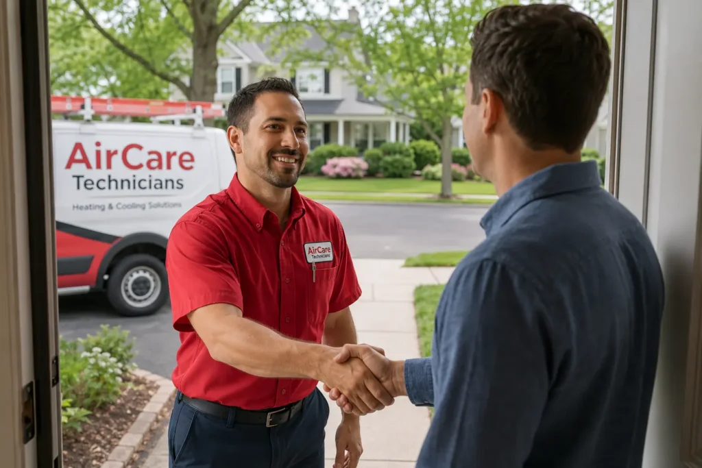 HVAC contractor Westchester County NY – Air Care Technicians certified technician meeting homeowner