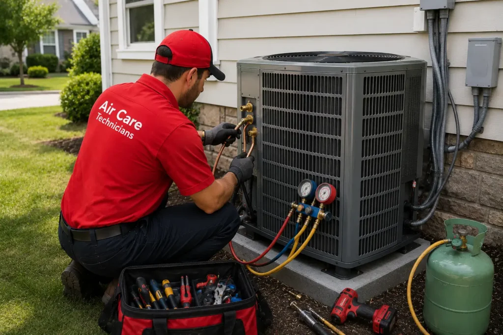 AC installation near me Westchester County NY technician connecting refrigerant lines on new central AC system