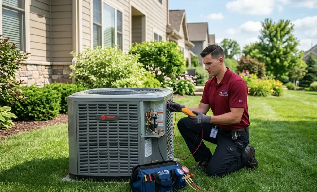 AC repair Mamaroneck NY – Air Care Technicians certified technician inspecting outdoor AC unit