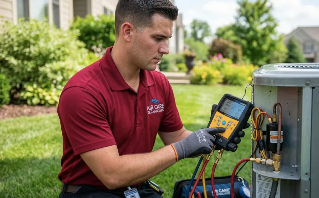 AC repair Mamaroneck NY technician checking refrigerant levels on residential AC unit