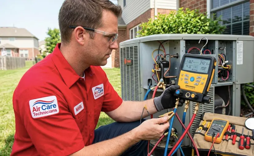 AC tune-up near me Westchester County NY technician checking refrigerant pressure during annual service