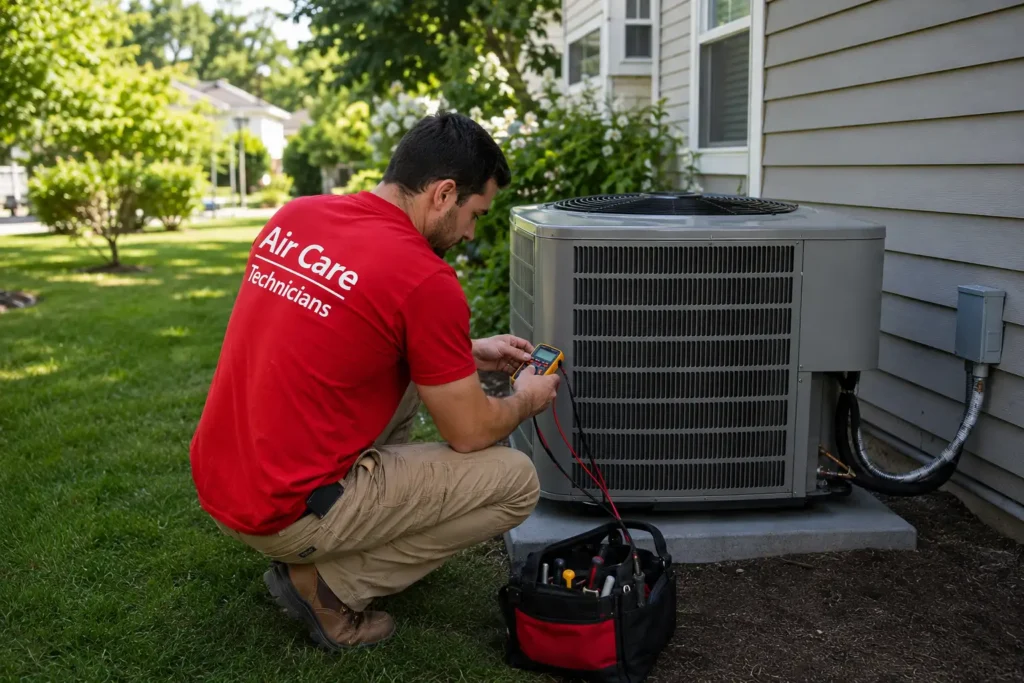 AC repair Tarrytown NY – Air Care Technicians certified technician inspecting outdoor AC condenser unit