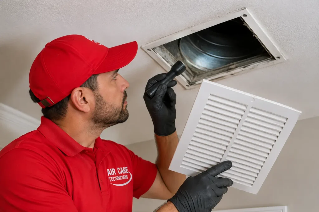 air duct cleaning services Harrison NY technician inspecting residential vent during professional duct cleaning