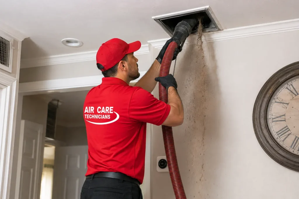 air duct cleaning services Harrison NY technician cleaning residential air ducts with vacuum equipment