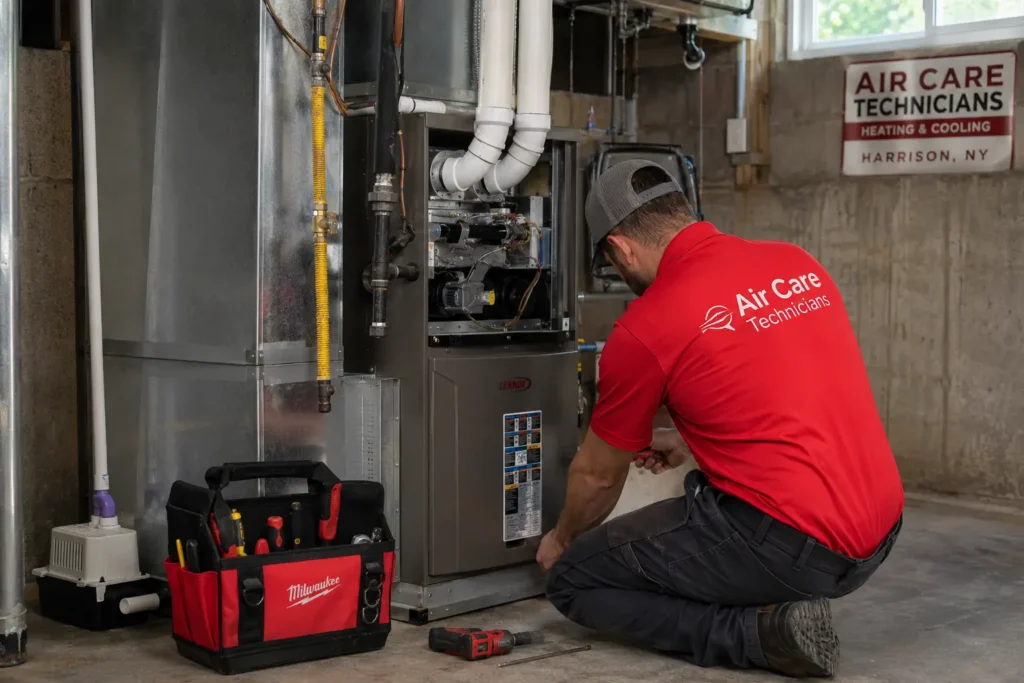 furnace installation Harrison NY technician installing new residential gas furnace in basement
