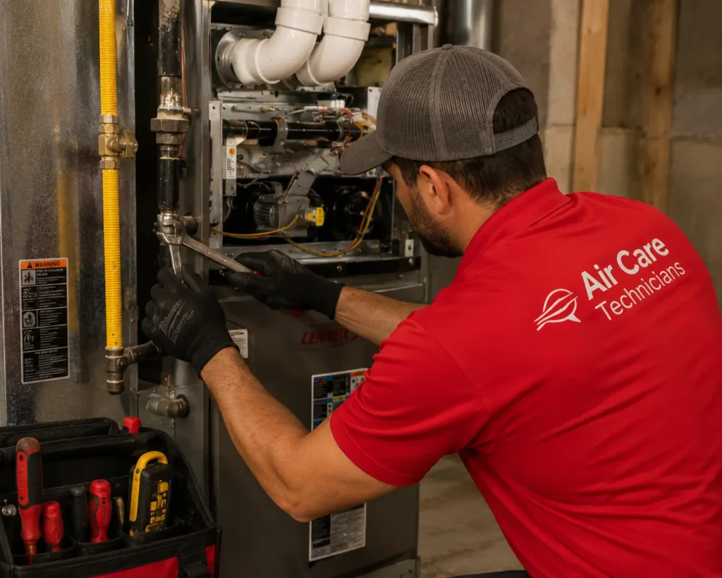furnace installation Harrison NY technician connecting gas lines on new residential furnace installation