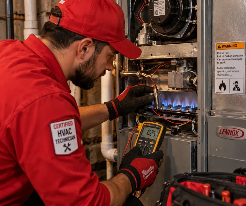 heater repair near me Westchester County NY technician checking furnace flame sensor and burner assembly